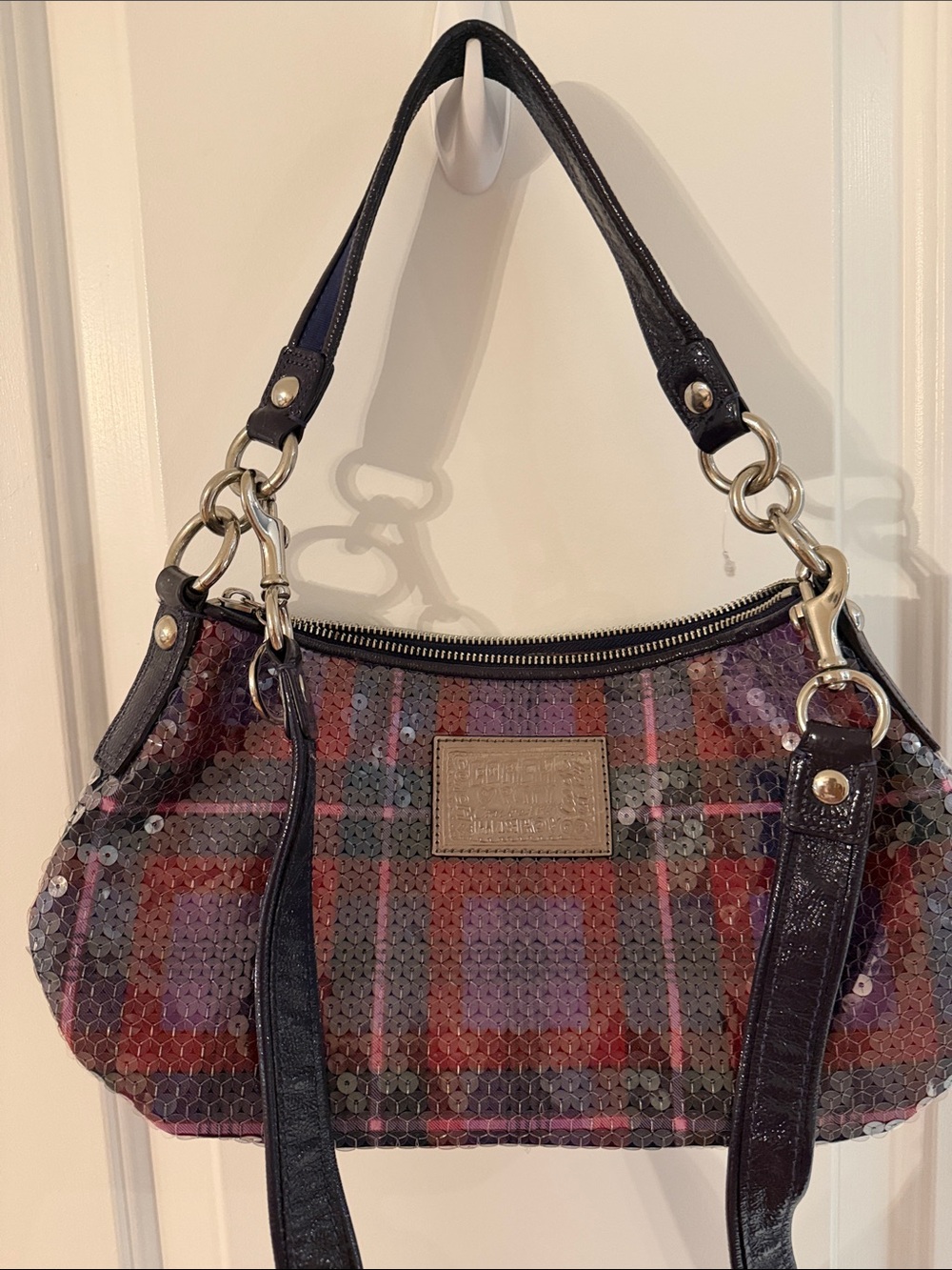 Coach Sequin Plaid Shoulder Bag in Black, Red, Purple - Picture 2 of 6